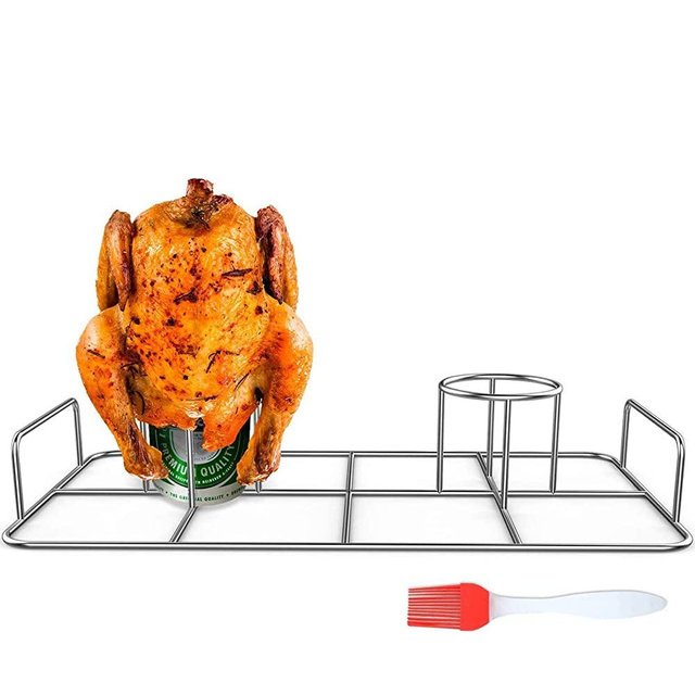 RUSFOL Double Beercan Chicken Rack with a Silicone Oil Brush, Stainless Steel Twin Chicken Stand for Smoker and Grill,Cook 2 Chicken Together