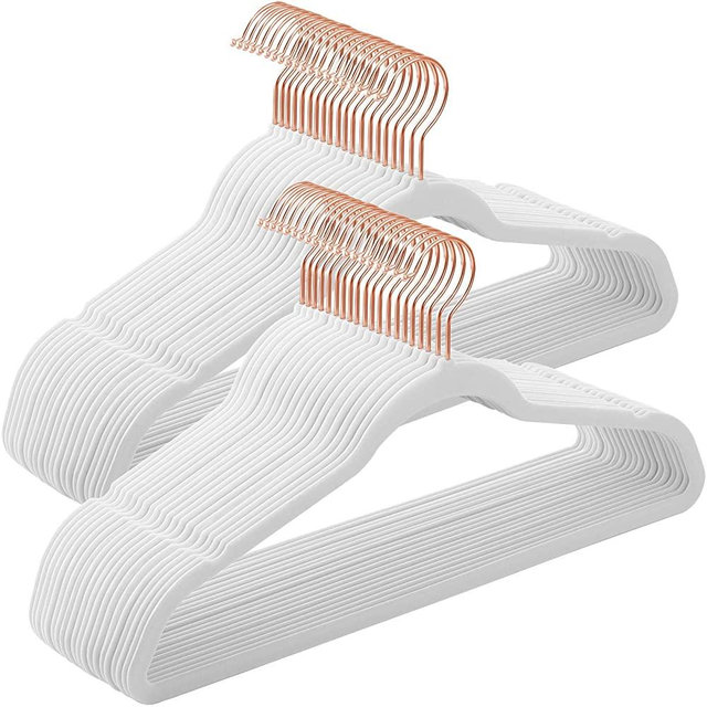 SONGMICS Set of 50 Velvet Hangers, 16.5 Inches Long, Thin and Durable, High Load Capacity, with 360° Swivel Rose Golden Hooks, for Coats Shirts Suits, White UCRF026W03