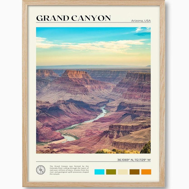 HesenDot Natural OAK Wood Grand Canyon Framed Wall Art,12x16in Canyon Landscape Canvas Wall Print,Classic Urban Scenic Nature Wall Decor for Living Room Bedroom Office Gallery, Set of 1