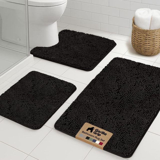 GORILLA GRIP Bathroom Rug Sets 3 Piece, Bath Mat Set and Oval Toilet Base with Rubber Backing, Plush Absorbent Shaggy Chenille Washable Mats, Includes 24x19.5, 24x17 and 30x20 Inch Rugs, Black