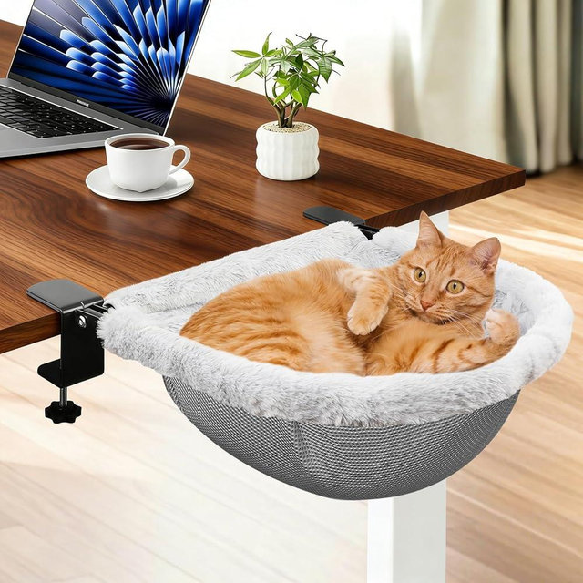 JinxZap X-Large Cat Desk Bed | 19"x15" Spacious Retreat, Dual Clamps & Sunken Hammock Design, Comfy Cat Desk Hammock with Faux Rabbit Fur Cover, Removable & Washable, Holds Up to 40lbs