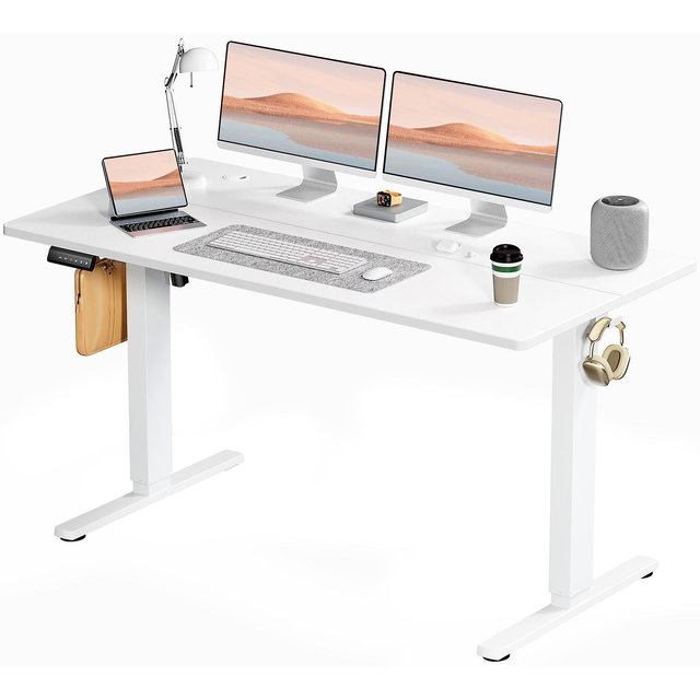 Bestier Height Adjustable Electric Standing Desk, 55" x 24" Ergonomic Sit Stand up Desk with Hooks and Wire Holes, Memory Computer Office Desk, White