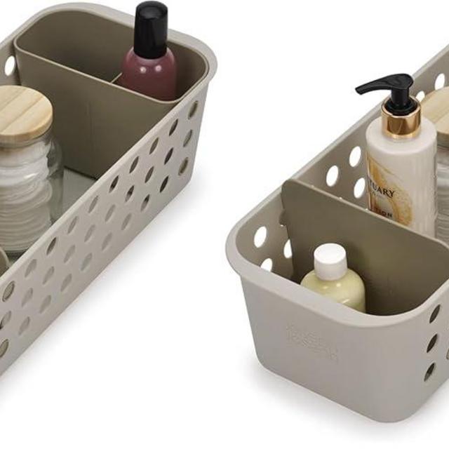Joseph Joseph EasyStore - Slimline Bathroom essentials Storage Basket Organiser with moveable pot and divider, Ecru (Pack of 2)