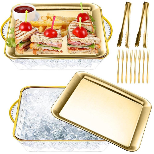 Baderke 9" Chilled Serving Tray for Parties with Compartments Ice Chilled Party Platter Charcuterie Serving Board Cold Dish Dip with Forks Tongs for Fruit Seafood Vegetable Appetizer(Gold,2 Set)
