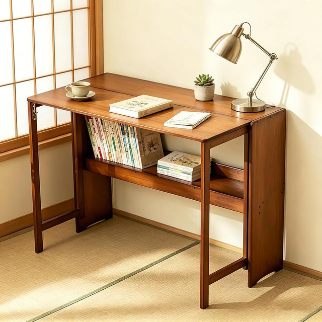 TrueyEssence Bamboo Folding Desk, Laptop Desk Writing Desk with Storage Shelf Vanity Table Small Computer Table Space Saving Workstation for Home Office