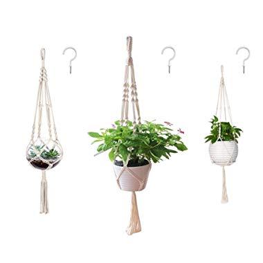 AOMGD 3 Pack Macrame Plant Hanger and 3 PCS Hooks Indoor Outdoor Hanging Plant Holder Hanging Planter Stand Flower Pots for Decorations - Cotton Rope, 4 Legs, 3 Sizes