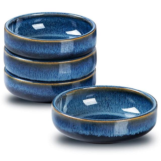 Tacuhy 3 Oz Ceramic Soy Sauce Dish Small Pinch Seasoning Sushi Dip Bowl 3.5 Inch Mini Side Dishes Tomato Sauce Cups Condiment Dipping Bowls, Set of 4, Blue