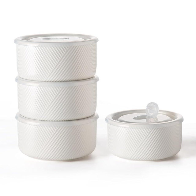 Adewnest Large Ceramic Bowls with Lids: 32 oz Microwave Safe Food Storage Containers for Soup Salad Meal Prep Lunch Picnic Camping - 6 Inch, Set of 4 (White)