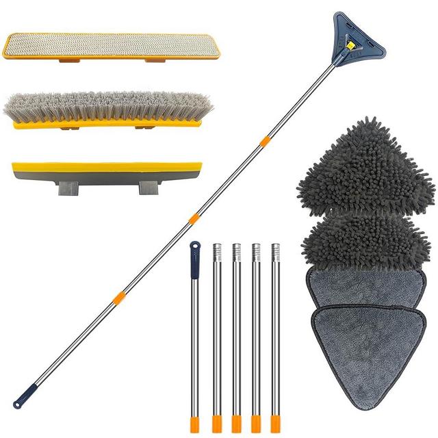 Multifunctional Mop Wall & Baseboard Cleaner Mop Tool with Long Handle for Cleaning Window Floor Skirting Board Ceiling Bathtub Tub Tile Scrubber Brush Duster with 4 Reusable Pads (Blue)