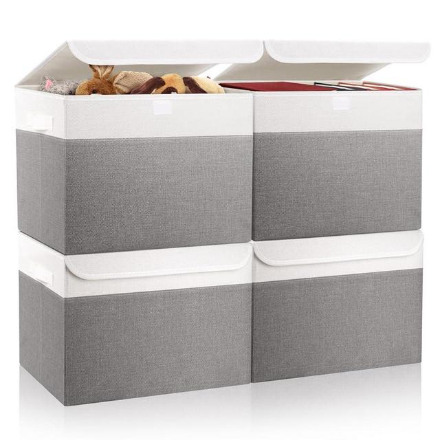 Bagnizer Large 22 Quart Linen Fabric Foldable Storage Bin Cube Organizer Basket with Flip-Top Lid & Handles, Clothes Blanket Box for Home, Office, Closet, Gray & White, 4 Pack 14.6 x 9.5 x 9.5”