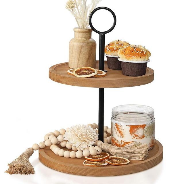 Decorative Wooden Tiered Tray Stand - Beautiful Two Tiered Coffee Table Serving Tray Enhances Your Seasonal Modern Farmhouse Decor - The Perfect Centerpiece for Your ChristmasTable Decorations