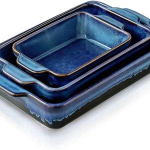 KOOV Bakeware Set, Ceramic Baking Dish, Rectangular Casserole Dish, Lasagna Pan, Baking Pans for Cooking, Cake Dinner, Kitchen, 9 x 13 Inches, Reactive Glaze 3-Piece (Nebula Blue)