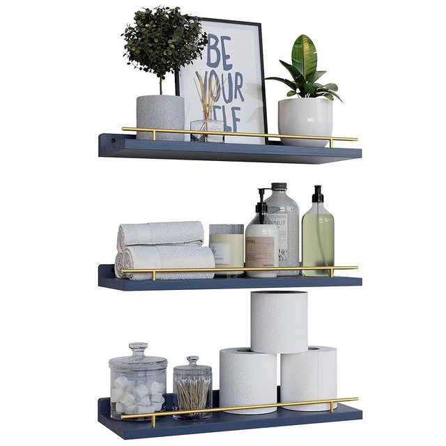 WOPITUES Floating Shelves with Gold Metal Guardrail, Shelves for Wall Decor Set of 3, Wall Shelves for Bedroom, Bathroom, Kitchen, Living Room, Plants, Picture Frames, Art- Gold in Navy Blue