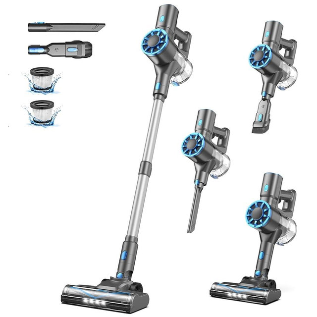 Cordless Stick Vacuum Cleaner with Self-Standing, 8-in-1 Vacuum Cleaners for Home, Lightweight Powerful Vacuum with LED Screen, Rechargeable Vacuum for Carpet, Pet Hair, Hardwood Floors (Blue&Grey)