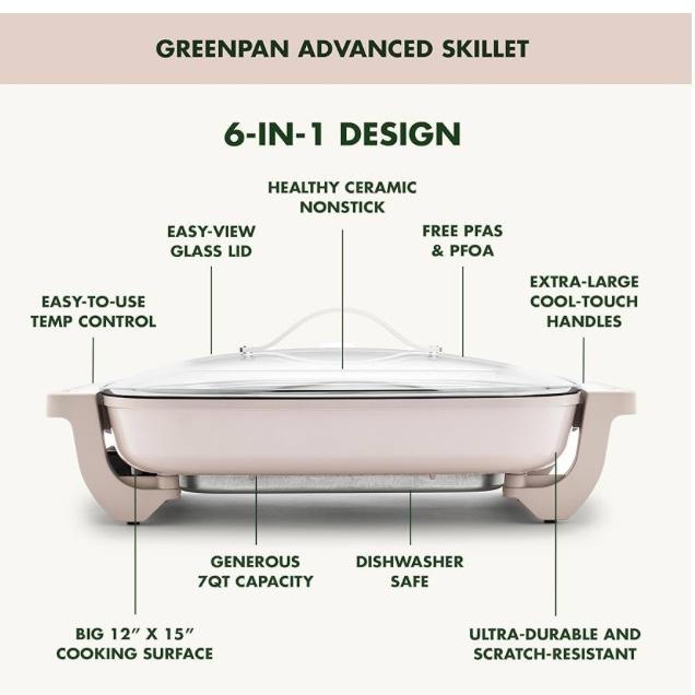 GreenPan Advanced 12” X 15” Electric Skillet with Lid, 7QT Capacity for Family Meals, Healthy Ceramic Nonstick PFAS-Free Coating, Fry, Sauté, Steam, Simmer, Sear, Stir Fry, Dishwasher Safe, Clay