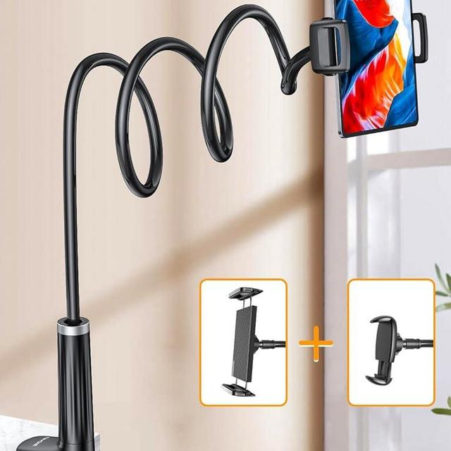 Gooseneck Phone Holder Tablet Stand for Bed:[Swivel Base] Adjustable Flexible Lazy Arm with 2 Clips Phone Tablet Holder Mount Compatible iPad Pro Air Mini | Kindle | Switch or Other 4-12.9" Device