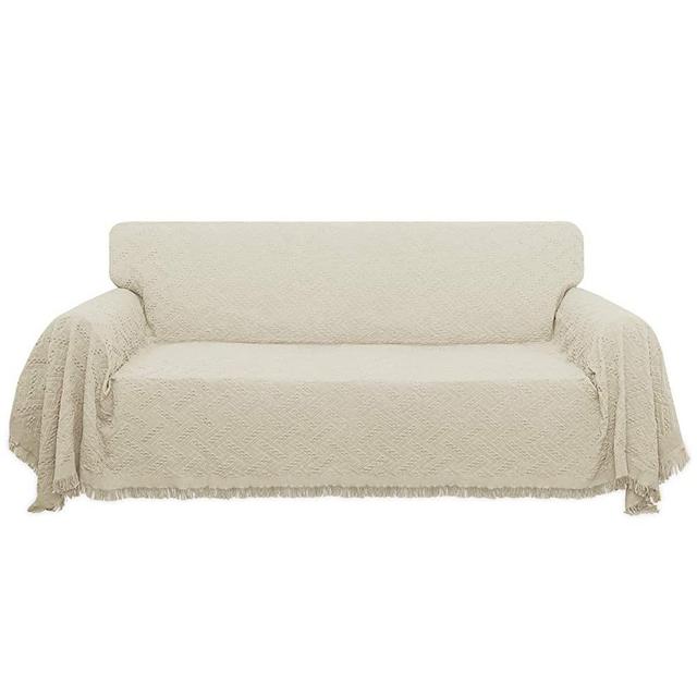 Easy-Going Geometrical Jacquard Sofa Cover, Couch Covers for 3 Cushion Couch, L Shape Sectional Covers for Dogs, Washable Luxury Bed Blanket, Furniture Protector for Pets,Kids(71x 134 inch,Ivory)