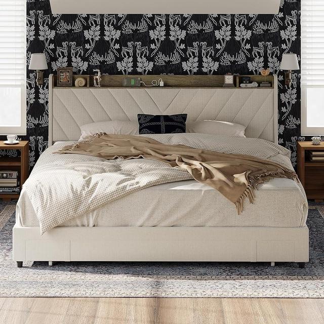 DIYSET King Size Bed Frame with Headboard Upholstered,Platform Bedframe with 3 Underbed Storage Drawers, AC USB & Type C Charge Station, Wooden Support Slats No Box Spring Needed Easy Assembly, Cream