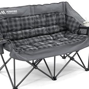 Double Camping Chairs Padded Loveseat Chair for 2 Person - Heavy Duty Oversized Camping Couch for Adults Outdoor Lawn Beach - Portable Folding Sofa with Cup Holders and Carry Bag, Grey