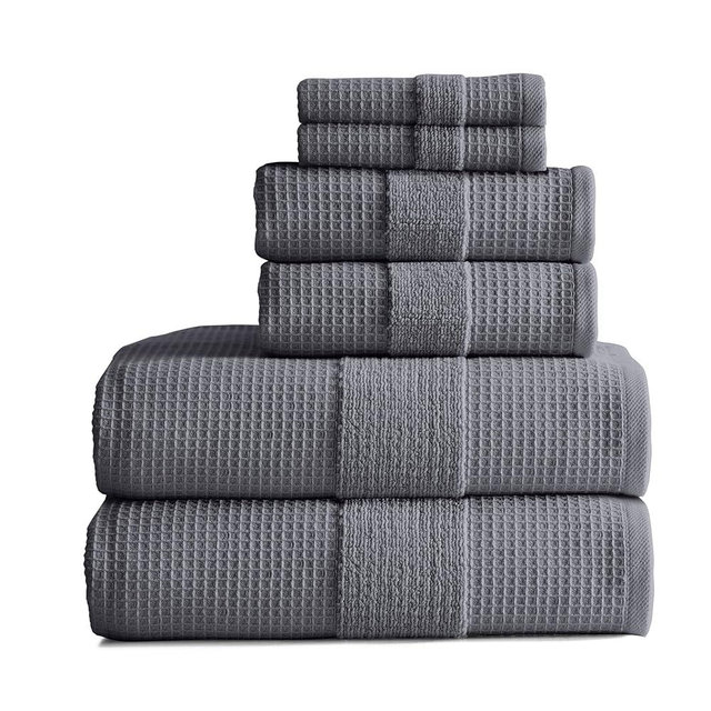 Aire & Raine 100% Cotton Waffle Towel Set 6 Piece Set | Lightweight Waffle Towels for Bathroom Reversible to Soft Classic Terry | 2 Waffle Bath Towels, 2 Hand Towels and 2 Washcloths | Charcoal