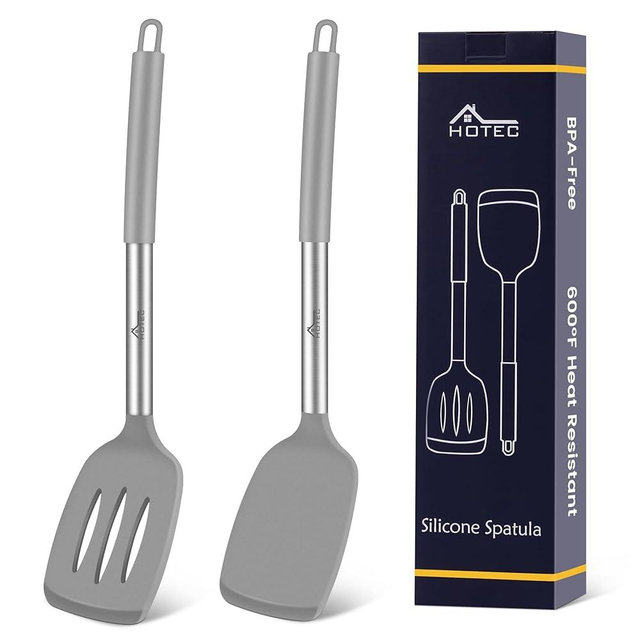 HOTEC Silicone Spatula Set of 2 Heat-Resistant 600°F & BPA-Free Kitchen SaptulaTurner with Stainless Steel Handles, Slotted & Solid Spatulas for Nonstick Cookware, 13.7 Inch, Grey