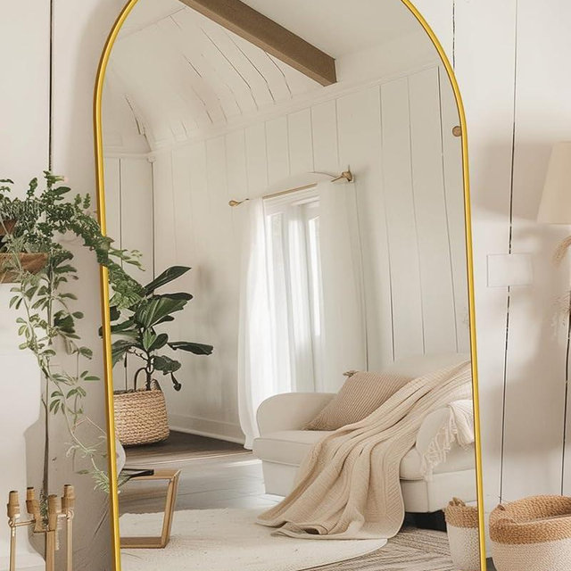 Full Length Mirror, 44"x72" Oversized Floor Mirror, Arched Full Body Mirror with Stand Large Floor Standing Mirror, Hanging Mounted Mirror for Bedroom, Living Room Cloakroom, Gold