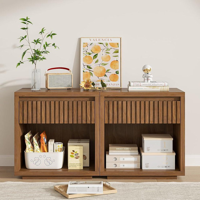Oubayajia Night Stand Nightstand with Drawer Storage Fluted Bed Side Table End Table 22.44in, Mid Century Bedside Table for Living Room, Bedroom (2, Walnut, 22.44'')