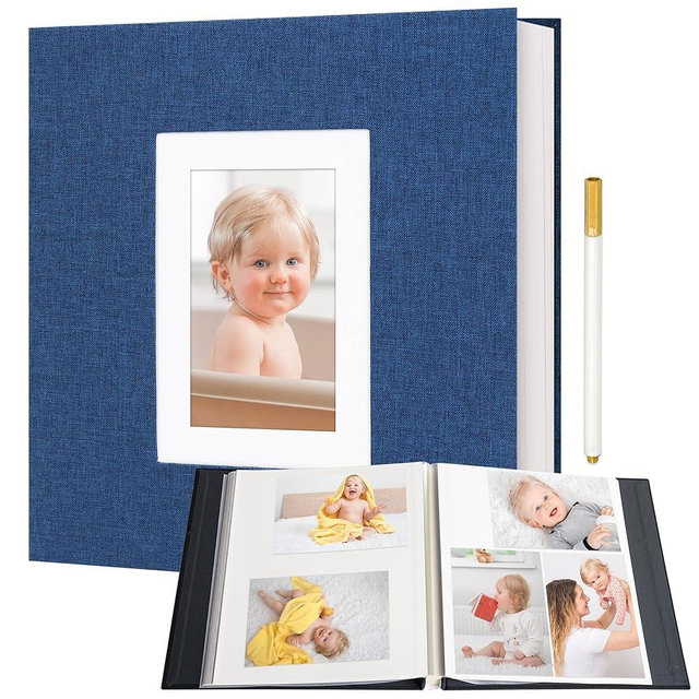 Vienrose Photo Album Self Adhesive for 2x3 4x6 5x7 8x10 Pictures DIY Scrapbook 40 Blank Pages Linen Cover Memory Book for Wedding, Baby Growth, Travel, Blue