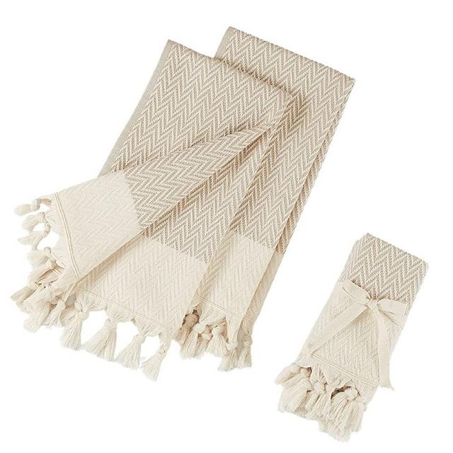 Kitchen Hand Towels with Boho Design, Set of 2, Dish Towels for Kitchen, 100% Cotton Turkish Hand Towels for Bathroom (14 x 30 Inches, Beige)