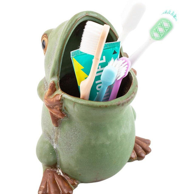 FlidRunest Extra Large Kids Frogs Toothbrush Holder for Bathroom - Ceramic Animal Tooth Brush Holder Cup - Easy to Clean Toothbrush and Toothpaste Holder - Great Gift for Boy, Friends, Kids, Men