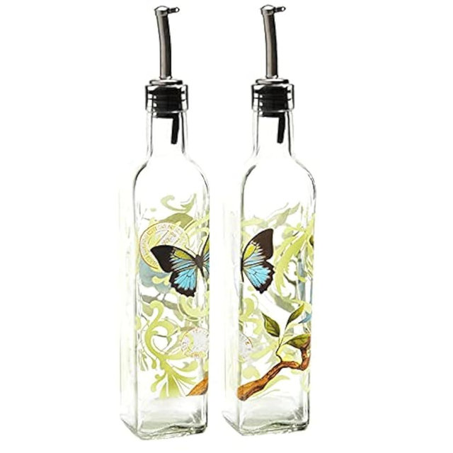 DUSVALLY Olive Oil Bottle Dispenser, Oil and Vinegar Bottles Set, Hand Painted Glass Dispenser Oil Bottle with Leak Proof Olive Oil Carafe for Kitchen, 17 Oz, 2 Pack