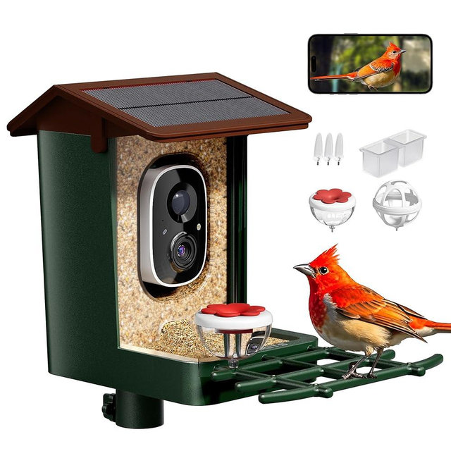 Smart Bird Feeder with Camera Solar Powered 2K HD Video, 10,000+ Species AI Recognition, Real-Time App Alerts, and Weatherproof Design for Effortless Birdwatching, Gift for Bird Lovers, Brown