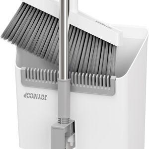 JOYMOOP White Broom and Dustpan Set, Upright Angle Design with Built-in Comb Teeth for Kitchen
