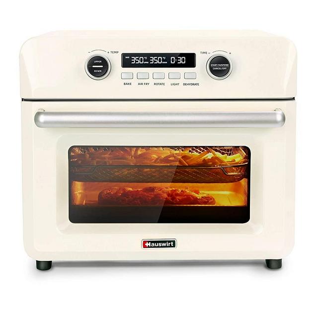 Hauswirt 26Qt Digital Air Fryer Toaster Oven, 10-IN-1 Convection 12” Pizza Oven With Separate Upper and Lower Heat Control For Air Fry, Bake, Dehydrate, Ferment, Roast, Rotisserie - Retro Cream White