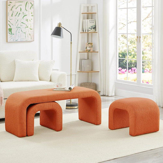 Sudwesto 3-Piece Modern Ottoman Bench Set, 44" Wide Teddy Upholstered End of Bed Bench with 2 Foot Stools, Padded U-Shaped Entry Bench Vanity Stool for Living Room Bedroom (Orange)