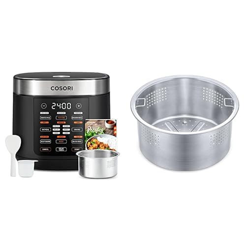 COSORI 18 Functions Rice Cooker, 24h Keep Warm & Timer, 10 cup Uncooked Rice Maker with Stainless Steel Steamer, Sauté, Slow Cooker, Black with COSORI 3-Quart Steamer Stainless Steel Steam Basket