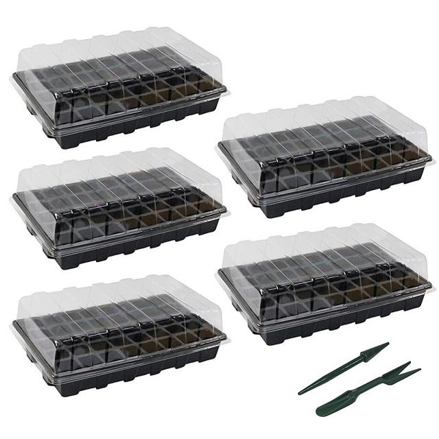 Gardzen 5-Set Garden Propagator Set, Seed Tray Kits with 200-Cell, Seed Starter Tray with Dome and Base 15" x 9" (40-Cell Per Tray)