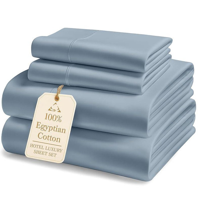 100% Egyptian Cotton Queen Size Sheet Set - 1000 Thread Count Silky Sateen Weave Naturally Breathable & Durable Winter Comfort, Hotel Soft Luxury Comfort with 15" Deep Pocket Queen Sheets -French Blue