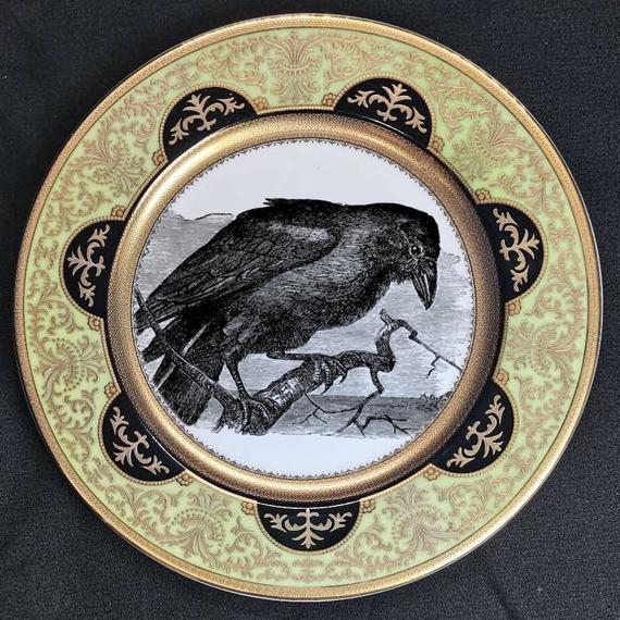 Stunning Raised Green and Gold Raven Salad Plate (7.5"), or Cup and Saucer Set (8 ounces)