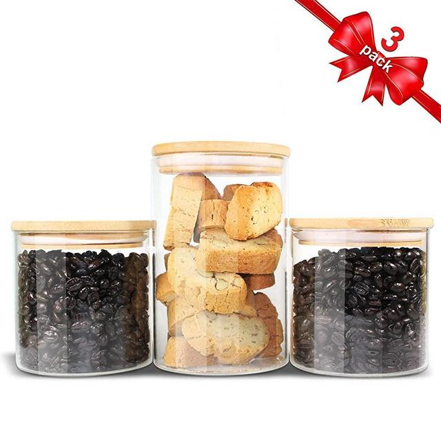 Glass Jars with Bamboo Lids Urban Green, Glass Airtight Canisters sets, Glass Containers, Airtight Jars, Pantry Organization and Storage, Bathroom Organizer, Spice Jars, Flour Contains 3 pack