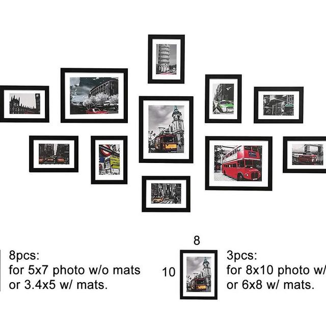 WOOD MEETS COLOR 11Pcs Wall Gallery Collage Frames Set with Hanging Template, Assorted 8x10 5x7 Frames, Picture Frames with Photo Mats,Black