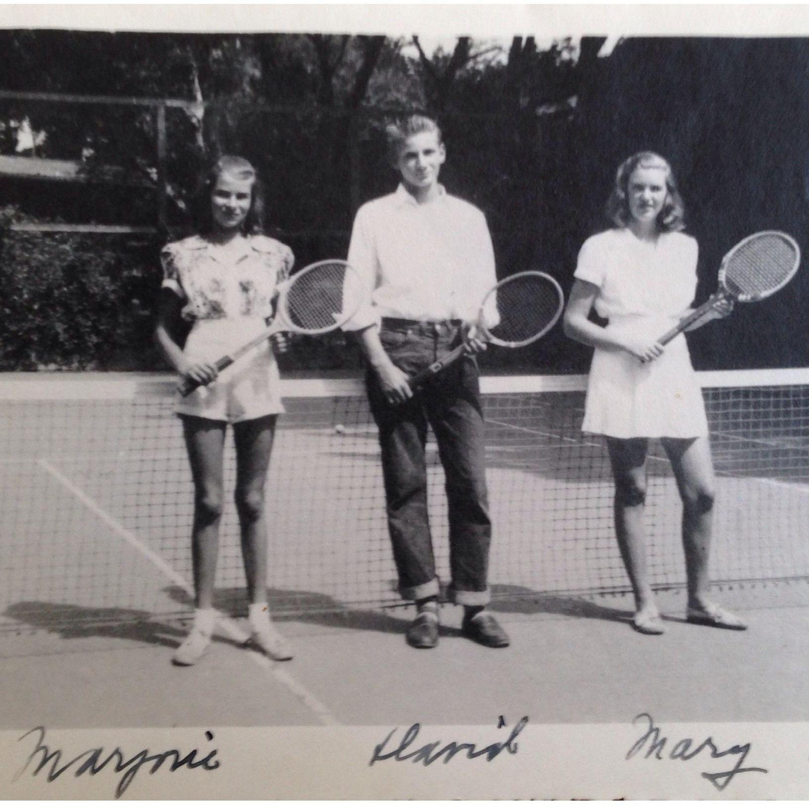 Grandma Mar, Great Aunt Mary, and Great Uncle David on the tennis court in 1942