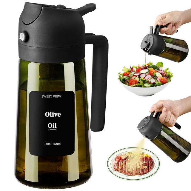 SWEET VIEW Olive Oil Dispenser and Oil Sprayer – 16oz/470ml Glass Light-Proof Oil Pourer for Kitchen, Air Fryer, Cooking, Salad, and BBQ