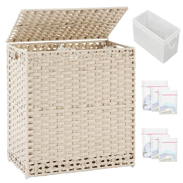 SETVSON Laundry Hamper with Lid Wicker Laundry Basket 112 L (29.6 Gal) Laundry Hampers Handwoven Rattan Clothes Hamper with Handles 3 Removable Liner Bag, 6 Mesh Bags for Bathroom Bedroom Light Khaki