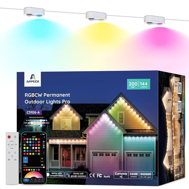APPECK Permanent Outdoor Lights Pro 200ft, 144W RGBCW Eaves Lights with 144 LED Lights, 80lm, Cuttable, 111 Scene Modes, IP67 Waterproof Lighting for Christmas Decoration, Work with Alexa, White