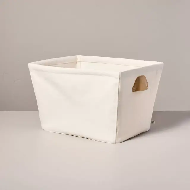Decorative Canvas Storage Bin with Faux Leather Cup Handles Cream/Tan - Hearth & Hand™ with Magnolia