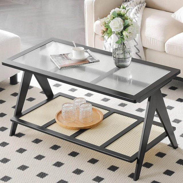 BECHAEO 39.4" 2 Tier Rattan Coffee Table with Glasstop, Boho Coffee Tables with Imitation Rattan Shelf, Modern Bamboo Coffee Table, Rectangle Small Center Coffee Tables for Living Room Office, Black