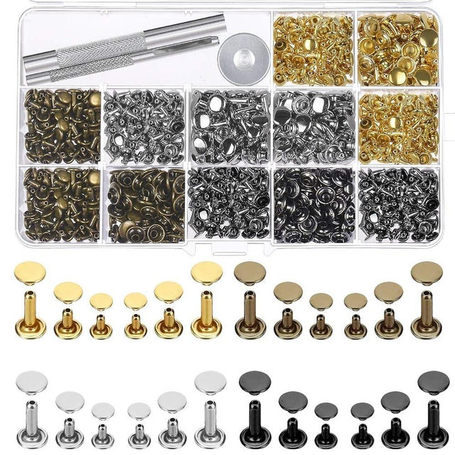Selizo 480 Sets Small Double Cap Leather Rivets 4 Colors 3 Sizes (Cap Diameter: 6mm/8mm/8mm) Tubular Metal Studs with 3 Pieces Setting Tool Kit for Leather Craft Repairs Decoration