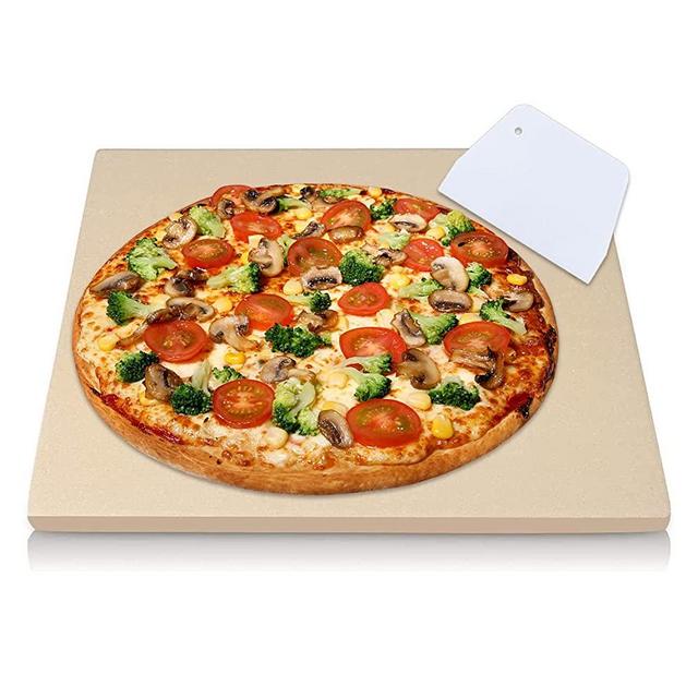Crozzfog Pizza Stone for Grill and Oven, Rectangle Grill Pizza Stone Baking Stone with Scraper, Safe Ceramic Cordierite Pizza Stone Pan Cooking Stone for Crisp Crust Pizza, Bread, BBQ(15x12inches)
