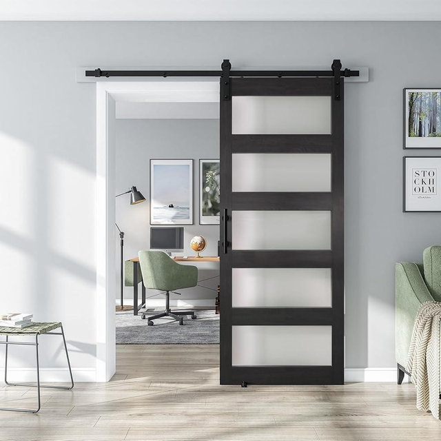 ALAMEDADT 32'' x 84'' Glass Barn Door and 6 Ft Hardware Kit Included, MDF White Barn Door Slab with Frosted Glass, PVC Surface, Combined with Handle and Floor Guide-Assembly Required, Dark Grey